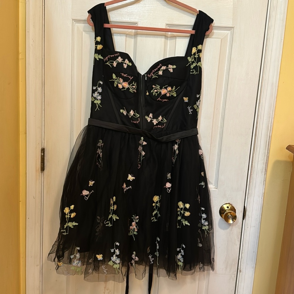 Wildly inaccurate herb embroidered black tulle cocktail dress. Size 14/16
